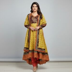 Pakistani Indian Custom 3 Piece Kameez Chooridar Outfit, Plum/Green/Red, Est XS